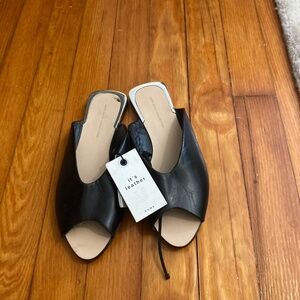 NWT Black leather peep toe flat w/silver accent
